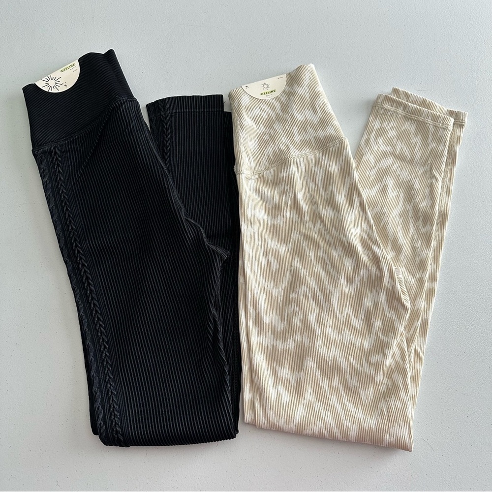 NWT Aerie Offline Seamless 7/8 Leggings Cable Ribbed Hi-Rise 2-Pair Size Medium